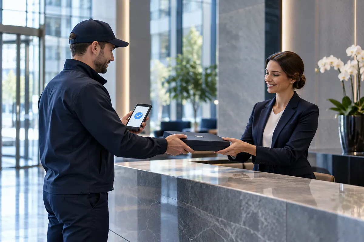 Professional courier handing a business delivery to a receptionist with delivery confirmation