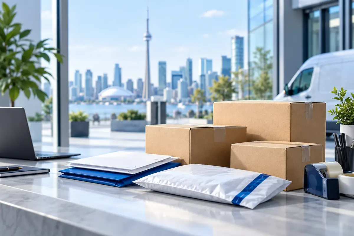 Illustrative business parcels and documents with a Toronto-inspired city backdrop.