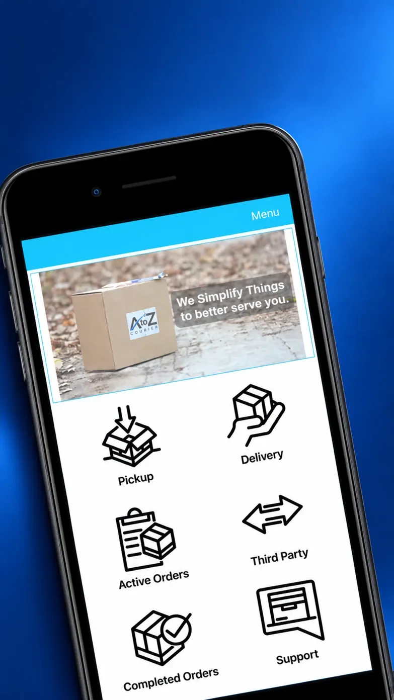 A to Z Courier app menu on a navy and blue background.