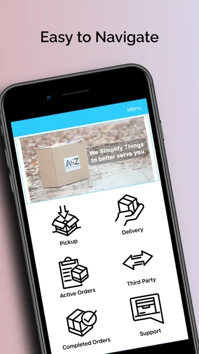 A to Z Courier app menu shown in published App Store artwork.